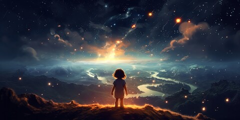 Wall Mural - fantasy illustration, a girl at cliff with starry sky over city lights as background, child dream and hope concept, Generative Ai