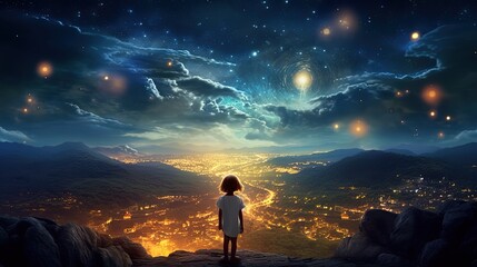 Wall Mural - fantasy illustration, a girl at cliff with starry sky over city lights as background, child dream and hope concept, Generative Ai