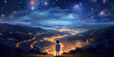 Wall Mural - fantasy illustration, a girl at cliff with starry sky over city lights as background, child dream and hope concept, Generative Ai