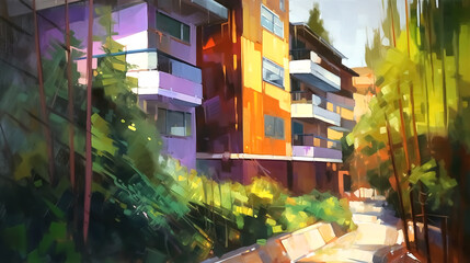 Modern Turkiye suburban apartment architectural illustration painting.  Generative AI