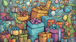 © aleksandra - Birthday presents background , doodle cartoon style, generative ai