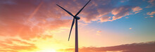wind turbine silhouetted against a colorful sunset in a beautiful landscape, AI