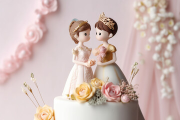 Wall Mural - Cute wedding cake topper with two brides. Gay marriage concept. Generative AI illustration