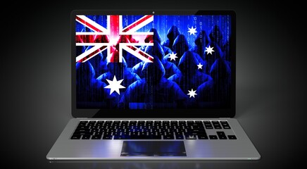 australia - country flag and hackers on laptop screen - cyber attack concept