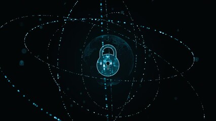 Wall Mural - motion graphic of blue security key logo with particle ring circle rotation and earth with ai techno