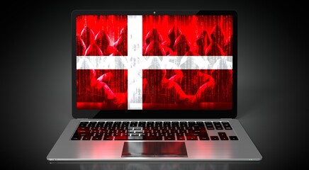 Denmark - country flag and hackers on laptop screen - cyber attack concept