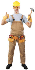 Wall Mural - A worker young man in yellow helmet with hammer