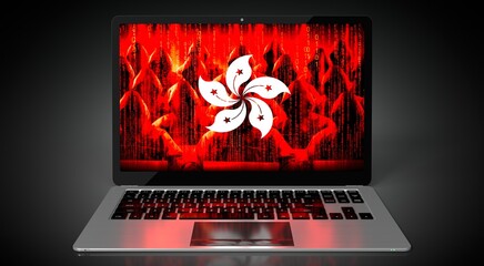 Hong Kong - country flag and hackers on laptop screen - cyber attack concept