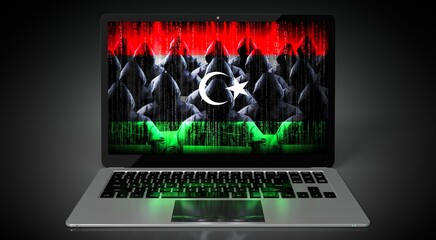 Libya - country flag and hackers on laptop screen - cyber attack concept