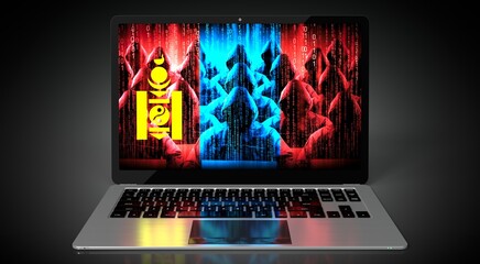Mongolia - country flag and hackers on laptop screen - cyber attack concept