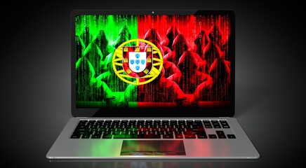 Portugal - country flag and hackers on laptop screen - cyber attack concept