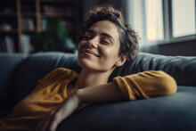 Smiling and relaxed mid-aged woman resting on the sofa in her comfortable home after a hard day at the office. Generative AI