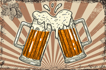 Wall Mural - Vintage poster template with two toasting beer mugs. Vintage beer mugs. For poster, menu, banner.