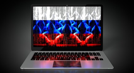Russia - country flag and hackers on laptop screen - cyber attack concept