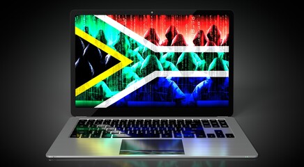 South Africa - country flag and hackers on laptop screen - cyber attack concept