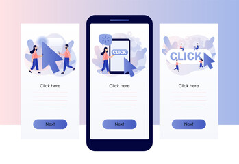 Wall Mural - click here button. cursor pointer sign. tiny people with huge mouse arrow click. internet concept. s