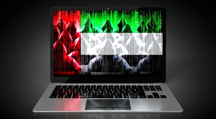United Arab Emirates - country flag and hackers on laptop screen - cyber attack concept