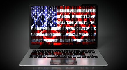 United States of America - country flag and hackers on laptop screen - cyber attack concept