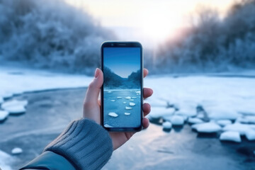 Wall Mural - Women use smartphones to capture the snow and ice on the land.