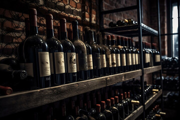 Shelf with vintage red and white wine bottles covered with dust stacked in the old cellar of the winery,  some very old and dusty rare collections, and unique wine bottles. Generative AI Technology