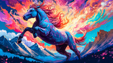 Horse Rearing Up Against Swirling Night Sky, Stylized Colorful Painting, Expressive. Generative AI