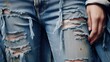 © QuietWord - close up torn jeans fabric on sexy woman body, Generative Ai