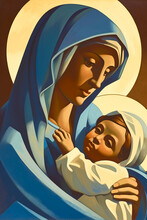  Holy Mary Holding Baby Jesus Christ In Her Arms. Graphic Representation. AI Generativ.