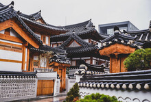 Bukchon Hanok Village In Seoul, South Korea. View Of Traditional Wooden Buildings.