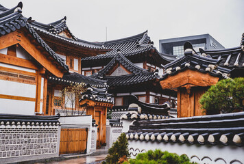 Bukchon Hanok Village in Seoul, South Korea. View of traditional wooden buildings.