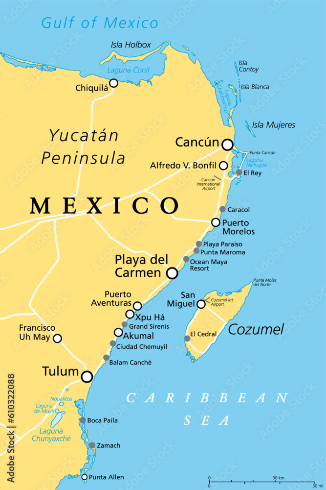 Cancun, Cozumel and Riviera Maya, Mexico, political map. Cancun 