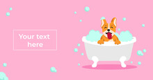 Banner With Joyful Kawaii Cute Dog In Bath In Flat Vector Style On Pink Background. Template Of Concept Of Grooming Salon. Banner With Your Text Here For Advertising, Website, Magazine, Landing Page
