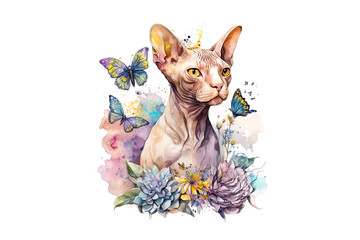 Wall Mural - Canadian Sphynx cat with butterflies and flowers painted with colored watercolors isolated on a white background. AI generated