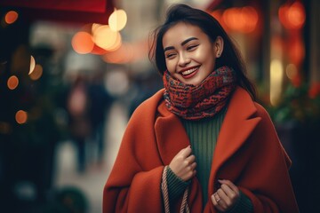 Wall Mural - Happy luxury asian woman travel shopping in urban city, vibrant, fashion, contemporary, lifestyle, generative AI