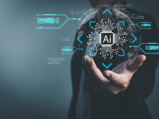 Wall Mural - ai, businessman showing artificial intelligence technology ai system development. exchange data. glo