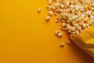 Bag of popcorn on yellow background with copyspace