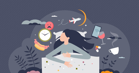 Insomnia causes and trouble with sleeping at night tiny person concept. Sleepless problem causes and bad habits impact to relaxation and quality sleep hygiene vector illustration. Anxiety and stress.