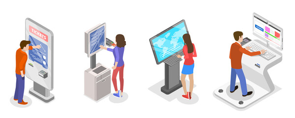 3D Isometric Flat  Set of Ticket Kiosks