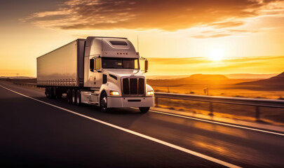 Wall Mural - White truck traveling at the sunset.