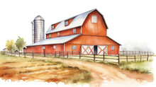 Red Farm House Barn. Watercolor Illustration Landscape White Isolated Background. Generative AI.