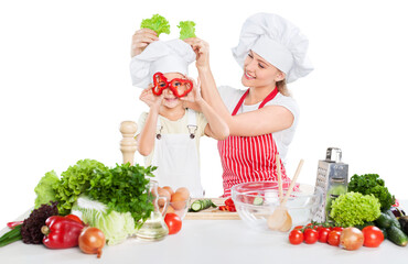 Wall Mural - Mother and Daughter Having Fun in the Kitchen Isolated