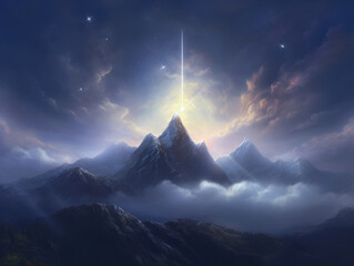 Wall Mural - A celestial being made of light and energy hovering above a misty mountain range with Fantasy art concept. AI generation