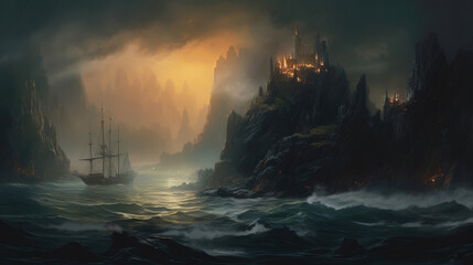 Wall Mural - An expansive and misty sea shimmering with a strange light providing an entrancing Fantasy art concept. AI generation