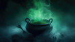 A cauldron bubbling with a mysterious green mist its swirling vapours slowly fading Fantasy art concept. AI generation