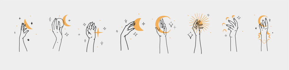 Wall Mural - Hand drawn vector abstract outline,graphic,line set magic human hand with moon and star logo in minimalistic modern style.Moon and star sign outline design concept.Outline astrology line art isolated.