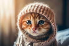 A Young, Charming Kitty In A Wool Cap. Close-up Studio Photography. The Concept Of Care, Education, Training And Breeding Of Animals. Generative AI Content
