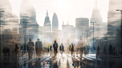 Wall Mural - Lots of business people walking in big glass lobby with beautiful morning sun lights reflection. AI generative business concept illustration