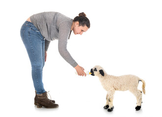 Poster - lamb Valais Blacknose and woman farmer