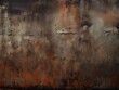 Apokalyptische Ästhetik: Rostige, verwitterte Metallwand in Farbe, dargestellt in dunklem Bronze und Orange, unterstrichen von postapokalyptischen Kulissen und nebliger Atmosphäre, Generative AI