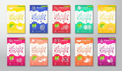 Wall Mural - Citrus, Fruits and Berries Yogurt Label Templates Set. Abstract Vector Dairy Packaging Design Layouts Collection. Modern Banner with Hand Drawn Fruit Illustrations Backgrounds Bundle Isolated