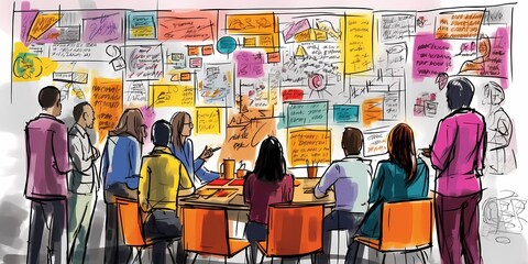 innovation and creativity: group brainstorming in front of a giant whiteboard filled with colorful s